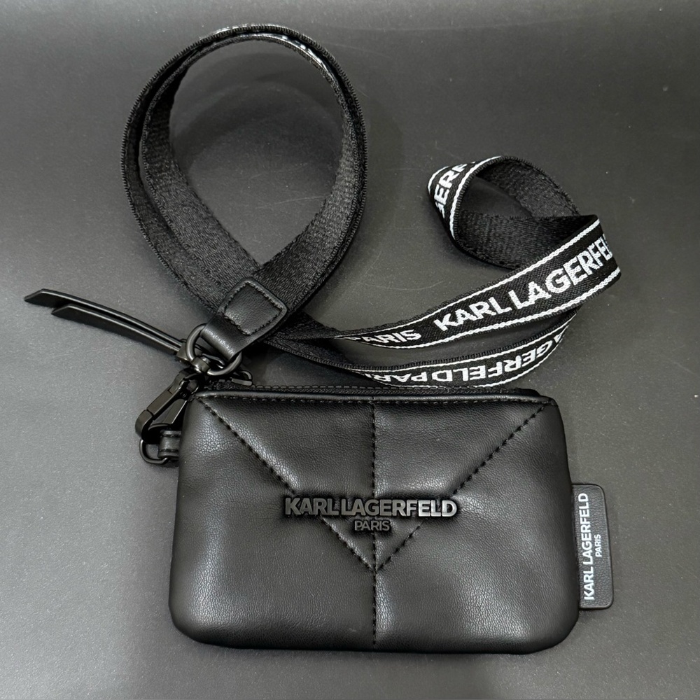 KARL LAGERFELD Paris Quilted Black Faux Leather Lanyard Wallet